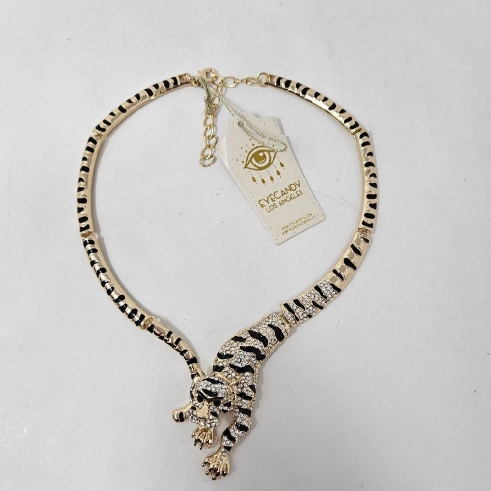 14k Gold Plated Leopard Crystal Black Enamel necklace with matching watch.
